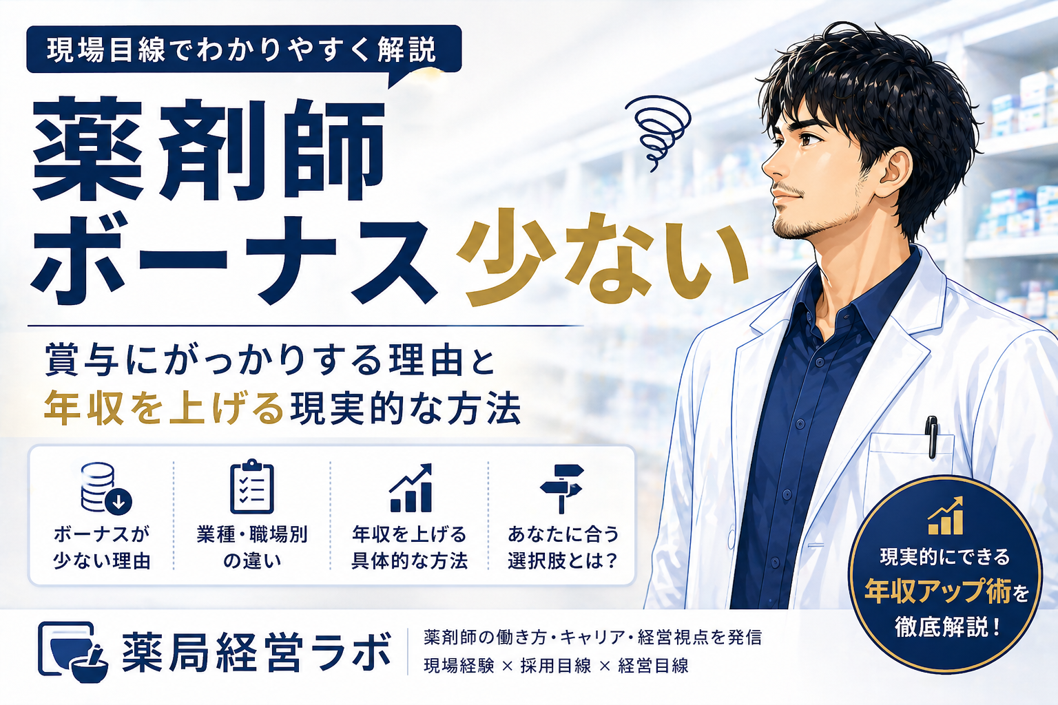 薬剤師のボーナスが少ない理由と年収を上げる方法を解説する薬局経営ラボのアイキャッチ画像